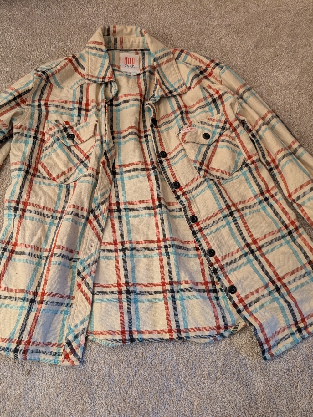Topo Designs Cream Plaid Shirt with Red and Light Blue Stripes